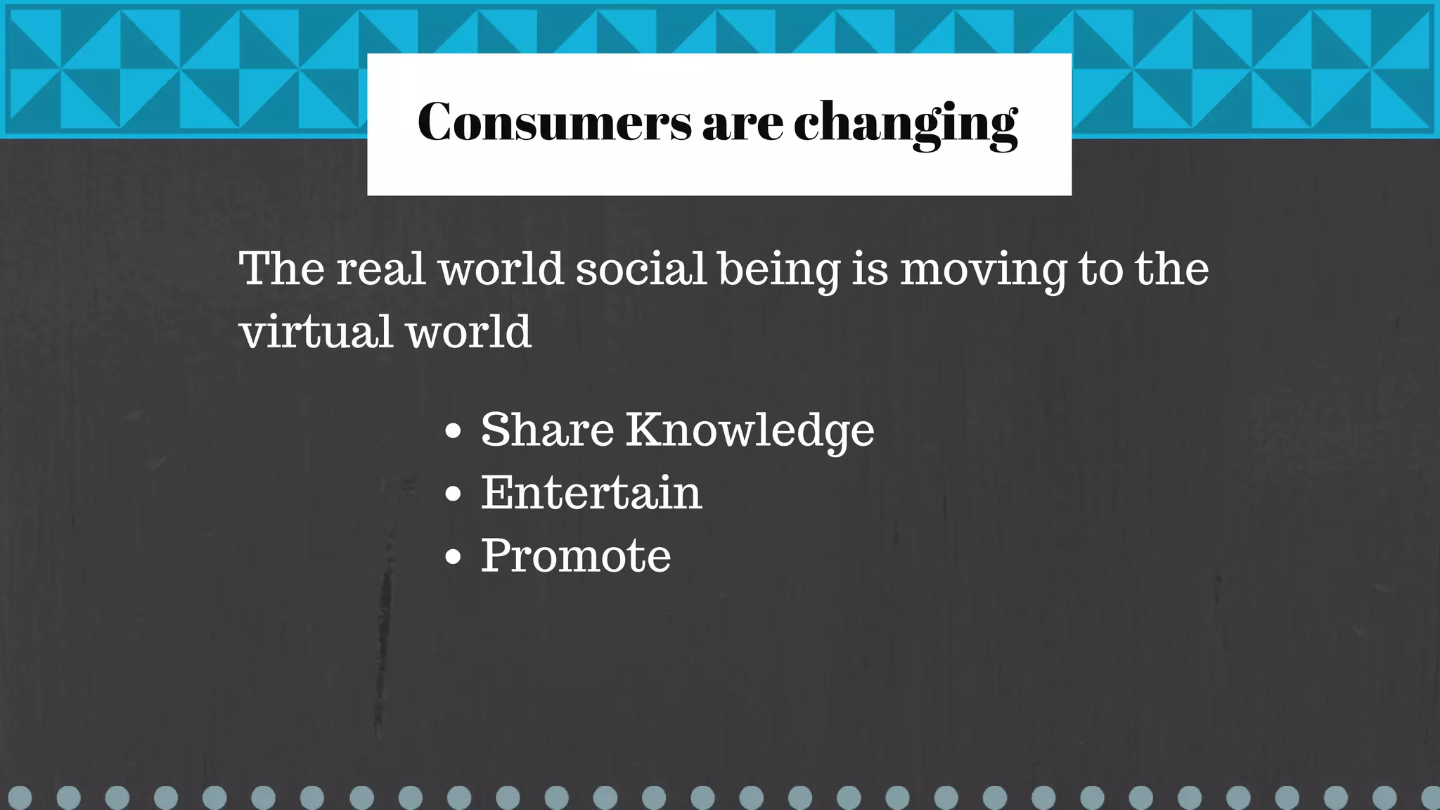 Consumers are changing
The real world social being is moving to the
virtual world
Share Knowledge
Entertain
Promote
 