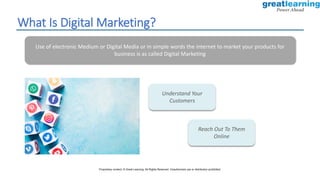 What Is Digital Marketing?
Use of electronic Medium or Digital Media or in simple words the internet to market your products for
business is as called Digital Marketing
Understand Your
Customers
Reach Out To Them
Online
Proprietary content. © Great Learning. All Rights Reserved. Unauthorized use or distribution prohibited.
 