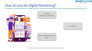 How do you do Digital Marketing?
For Whom?
Ask Why?
(Problem Statement)
What Platforms can You
Use?
Proprietary content. © Great Learning. All Rights Reserved. Unauthorized use or distribution prohibited.
 