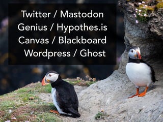 Twitter / Mastodon
Genius / Hypothes.is
Canvas / Blackboard
Wordpress / Ghost
 