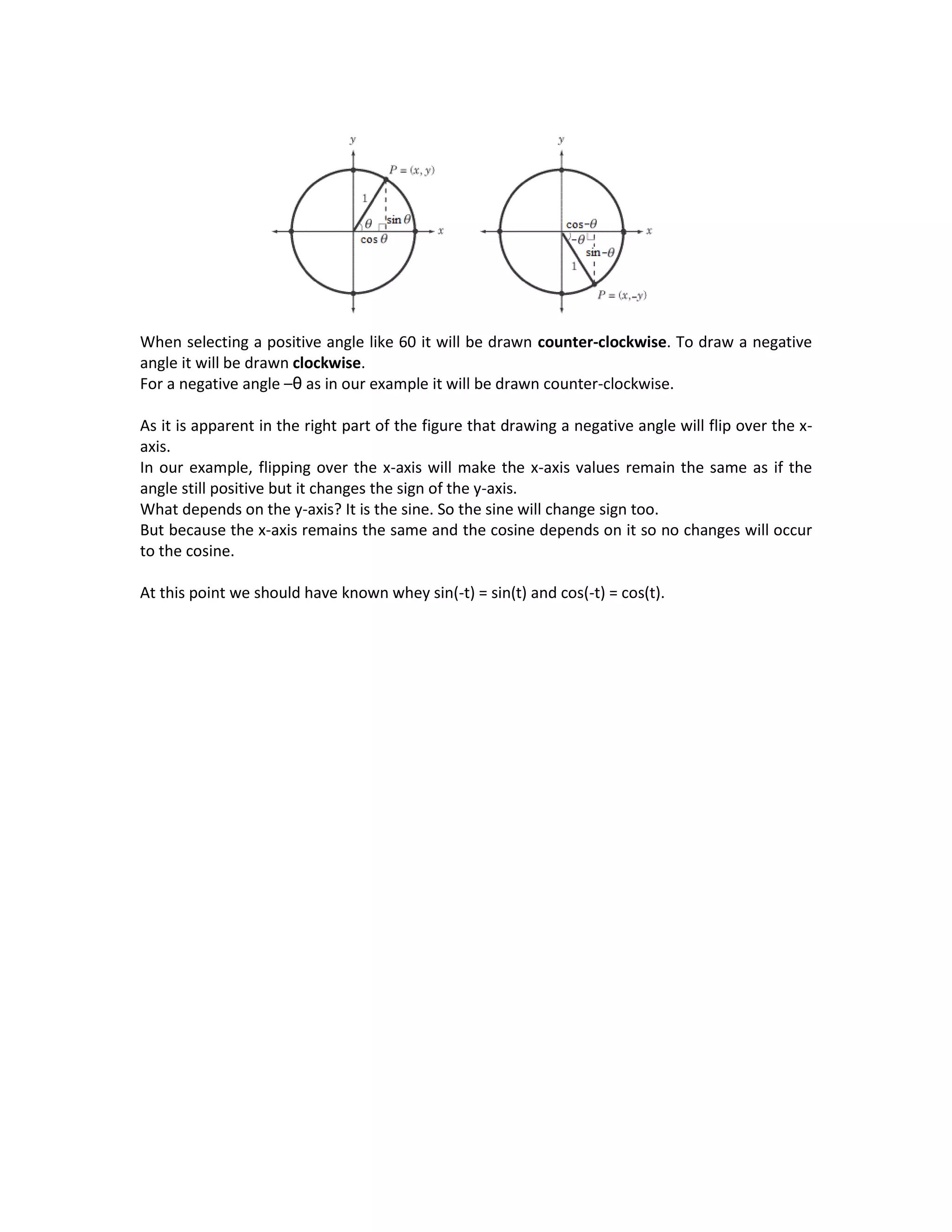 When selecting a positive angle like 60 it will be drawn counter-clockwise. To draw a negative
angle it will be drawn clockwise.
For a negative angle –θ as in our example it will be drawn counter-clockwise.
As it is apparent in the right part of the figure that drawing a negative angle will flip over the x-
axis.
In our example, flipping over the x-axis will make the x-axis values remain the same as if the
angle still positive but it changes the sign of the y-axis.
What depends on the y-axis? It is the sine. So the sine will change sign too.
But because the x-axis remains the same and the cosine depends on it so no changes will occur
to the cosine.
At this point we should have known whey sin(-t) = sin(t) and cos(-t) = cos(t).
 