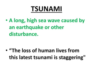 TSUNAMI
• A long, high sea wave caused by
an earthquake or other
disturbance.
• “The loss of human lives from
this latest tsunami is staggering"
 