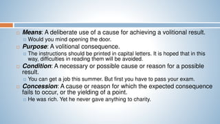  Means: A deliberate use of a cause for achieving a volitional result.
 Would you mind opening the door.
 Purpose: A volitional consequence.
 The instructions should be printed in capital letters. It is hoped that in this
way, difficulties in reading them will be avoided.
 Condition: A necessary or possible cause or reason for a possible
result.
 You can get a job this summer. But first you have to pass your exam.
 Concession: A cause or reason for which the expected consequence
fails to occur, or the yielding of a point.
 He was rich. Yet he never gave anything to charity.
 