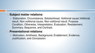  Subject matter relations:
 Elaboration, Circumstance, Solutionhood, Volitional cause,Volitional
result, Non-volitional cause, Non-volitional result, Purpose,
Condition, Otherwise, Interpretation, Evaluation, Restatement,
Summary, Sequence, and Contrast.
 Presentational relations:
 Motivation, Antithesis, Background, Enablement, Evidence,
Justification, and Concession.
 