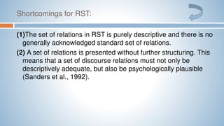 Shortcomings for RST:
(1)The set of relations in RST is purely descriptive and there is no
generally acknowledged standard set of relations.
(2) A set of relations is presented without further structuring. This
means that a set of discourse relations must not only be
descriptively adequate, but also be psychologically plausible
(Sanders et al., 1992).
 