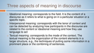 Three aspects of meaning in discourse
 Ideational meaning: corresponds to the field. It is the content of a
discourse as it refers to what is going on in a particular situation or a
specific topic.
 Interpersonal meaning: corresponds with the tenor of context and
can be detected by analyzing how participants in the discourse are
related to the content or ideational meaning and how they use
language to act
 Textual meaning: corresponds to the mode of the context. The
textual meaning is the organization of the content elements in a
larger structure, e.g., the techniques of putting some information in a
prominent place or the combining of sentences.
 