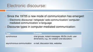 Electronic discourse:
 Since the 19705 a new mode of communication has emerged:
 Electronic discourse/ netspeak/ web communication/ computer-
mediated communication/ e-language
 Discourse types in computer-mediated communication:
Type Example
synchronous
asynchronous communication
chat groups, instant messages. MUDs (multi- user
dimensions, e.g., for creation and education)
e-mail, discussion lists, websites
 