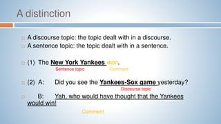 A distinction
 A discourse topic: the topic dealt with in a discourse.
 A sentence topic: the topic dealt with in a sentence.
 (1) The New York Yankees won.
Sentence topic Comment
 (2) A: Did you see the Yankees-Sox game yesterday?
Discourse topic
 B: Yah, who would have thought that the Yankees
would win!
Comment
 