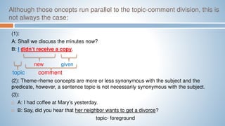 Although those oncepts run parallel to the topic-comment division, this is
not always the case:
(1):
A: Shall we discuss the minutes now?
B: I didn’t receive a copy.
new given
topic comment
(2): Theme-rheme concepts are more or less synonymous with the subject and the
predicate, however, a sentence topic is not necessarily synonymous with the subject.
(3):
 A: I had coffee at Mary’s yesterday.
 B: Say, did you hear that her neighbor wants to get a divorce?
topic- foreground
 