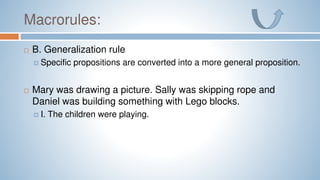 Macrorules:
 B. Generalization rule
 Specific propositions are converted into a more general proposition.
 Mary was drawing a picture. Sally was skipping rope and
Daniel was building something with Lego blocks.
 I. The children were playing.
 