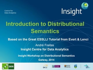 Introduction to Distributional
Semantics
André Freitas
Insight Centre for Data Analytics
Insight Workshop on Distributional Semantics
Galway, 2014
Based on the Great ESSLLI Tutorial from Evert & Lenci
 