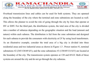 Overhead transmission lines and cables can be used for both systems. They are spanned
along the boundary of the city where the terminal and zone substations are located as well.
This allows the planner to avoid the risk of going through the city by lines that operate at
HV or EHV. For the third part, the distribution system, the total area of the city is divided
into a number of subareas depending on the geographic situation and the load (amount and
nature) within each subarea. The distribution is fed from the zone substation and designed
for each subarea to provide the consumers with electricity at LV by using local transformers.
As an illustrative example, consider the total area of a big city is divided into three
residential areas and two industrial areas as shown in Figure 1.3 . Power station #1, terminal
substations #2 (345/138/69 kV), and the zone substations #3 (138/69/13.8 kV) are located at
the boundary of the city. The transmission system operates at 138 and 69 kV. Both of these
systems are around the city and do not go through the city subareas.
 