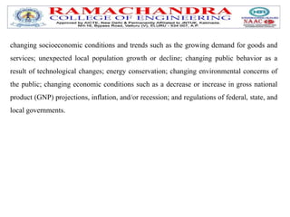 changing socioeconomic conditions and trends such as the growing demand for goods and
services; unexpected local population growth or decline; changing public behavior as a
result of technological changes; energy conservation; changing environmental concerns of
the public; changing economic conditions such as a decrease or increase in gross national
product (GNP) projections, inflation, and/or recession; and regulations of federal, state, and
local governments.
 