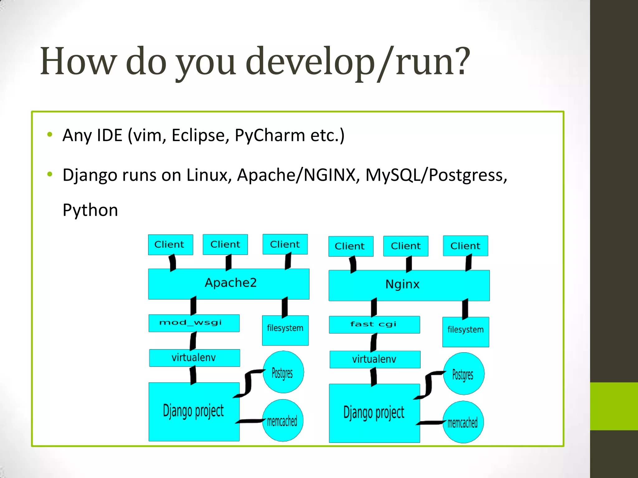 How do you develop/run?
• Any IDE (vim, Eclipse, PyCharm etc.)

• Django runs on Linux, Apache/NGINX, MySQL/Postgress,
  Python
 