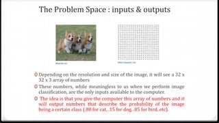 The Problem Space : inputs & outputs
0 Depending on the resolution and size of the image, it will see a 32 x
32 x 3 array of numbers
0 These numbers, while meaningless to us when we perform image
classification, are the only inputs available to the computer.
0 The idea is that you give the computer this array of numbers and it
will output numbers that describe the probability of the image
being a certain class (.80 for cat, .15 for dog, .05 for bird, etc).
 