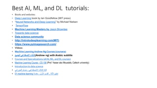 Best AI, ML, and DL tutorials:
• Books and websites:
• Deep Learning book by Ian Goodfellow (MIT press)
• “Neural Networks and Deep Learning” by Michael Nielsen
• TensorFlow
• Machine Learning Mastery by Jason Brownlee
• Towards data science
• Data science community
• http://introtodeeplearning.com(MIT)
• https://www.pyimagesearch.com/
• Videos:
• Machine Learning Andrew Ng Courses (coursera)
• ‫للجميع‬ ‫االصطناعي‬ ‫(الذكاء‬Andrew ng) with Arabic subtitle
• Courses and Specializations (all AI, ML, and DL courses)
• Machine Learning Course - CS 156 (Prof. Yasser abo Moustafa, Caltech university)
• Introduction to data science
• ‫االصطناعي‬ ‫الذكاء‬ ‫قناة‬
-
‫الحوراني‬ ‫حسام‬
• 01 machine learning ‫اآللة‬ ‫تعليم‬
,
‫األول‬ ‫القسم‬
:
‫مقدمة‬
 