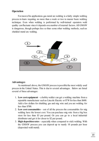 19
Operation
Formostofits applications gas metal arc welding is a fairly simple welding
process to learn requiring no more than a week or two to master basic welding
technique. Even when welding is performed by well-trained operators weld
quality canfluctuate since it depends onanumber ofexternal factors. All GMAW
is dangerous, though perhaps less so than some other welding methods, such as
shielded metal arc welding.
Advantages
As mentioned above, the GMAW process is possible the most widely used
process in the United States. This is due to several advantages. Below are listed
several of these advantages:
1. Low costequipment – a hobby welder can get a welding machine from a
reputable manufacturer suchas Lincoln Electric or ITW for less than $600.
Add a few dollars for shielding gas and mig wire and you are welding for
less than $700.
2. Low cost consumables – out of all the process the consumables for mig
welding have the lowest cost. You can purchase mig wire from a big box
store for less than $3 per pound. Or you can go to a local industrial
distributor and get it for closer to $2 per pound.
3. High depositionrates – especially when compared to stick welding. With
the GMAW process you can deposit up to nearly 10 pounds per hour
(deposited weld metal).
 