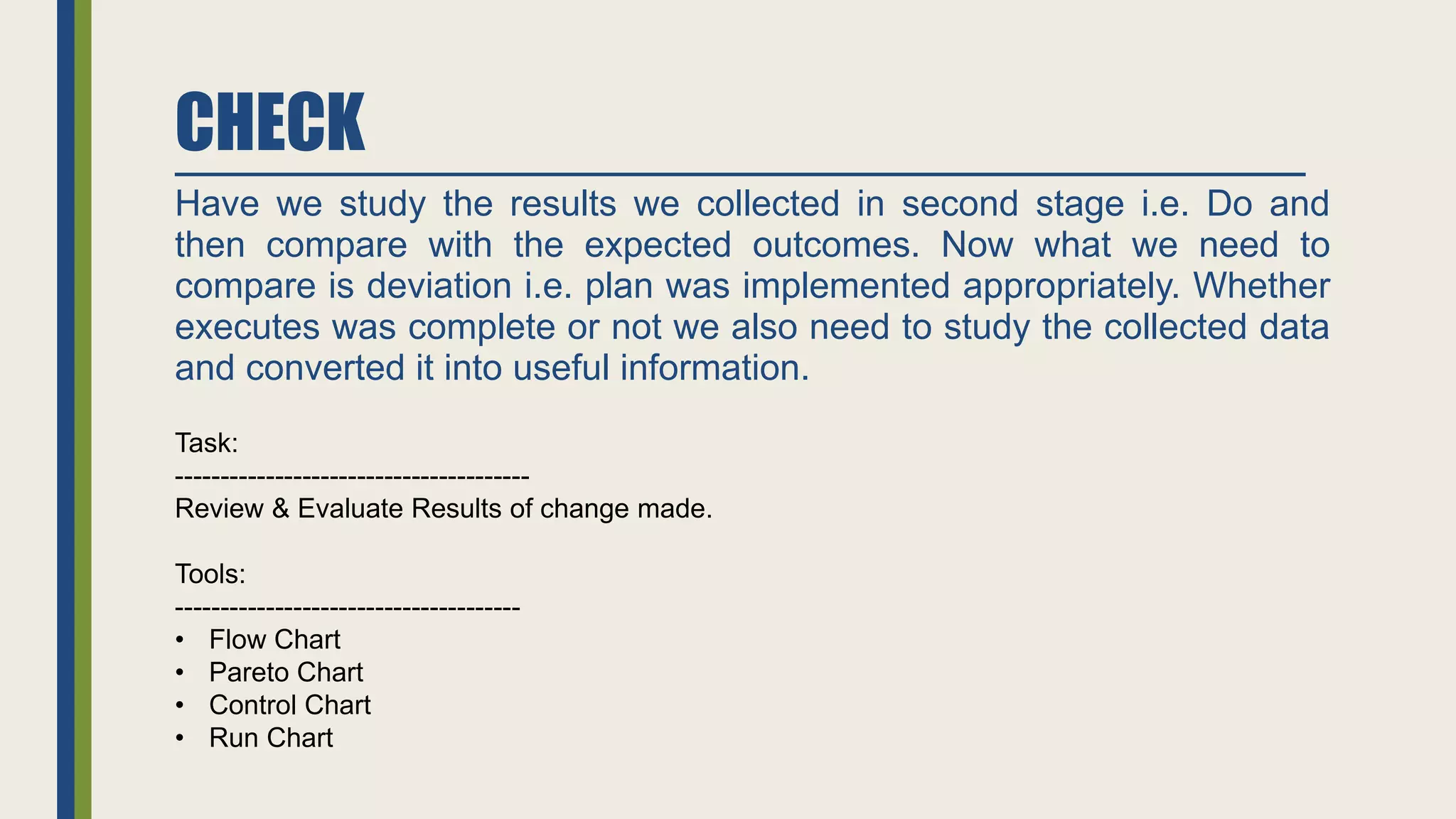 CHECK
Have we study the results we collected in second stage i.e. Do and
then compare with the expected outcomes. Now what we need to
compare is deviation i.e. plan was implemented appropriately. Whether
executes was complete or not we also need to study the collected data
and converted it into useful information.
Task:
---------------------------------------
Review & Evaluate Results of change made.
Tools:
--------------------------------------
• Flow Chart
• Pareto Chart
• Control Chart
• Run Chart
 