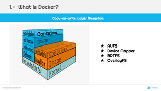 Copy-on-write: Layer filesystem
Introduction to Docker
1.- What is Docker?
★ AUFS
★ Device Mapper
★ BRTFS
★ OverlayFS
6
 