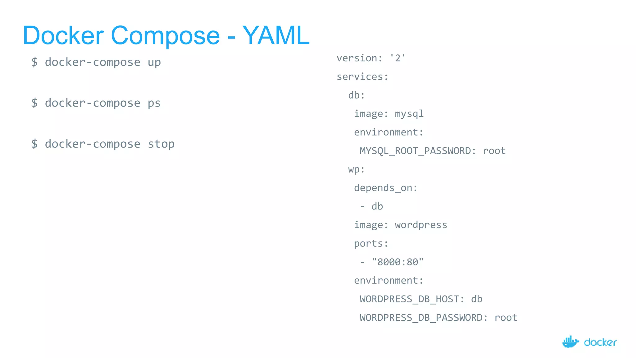 Docker Compose - YAML
version: '2'
services:
db:
image: mysql
environment:
MYSQL_ROOT_PASSWORD: root
wp:
depends_on:
- db
image: wordpress
ports:
- "8000:80"
environment:
WORDPRESS_DB_HOST: db
WORDPRESS_DB_PASSWORD: root
$ docker-compose up
$ docker-compose ps
$ docker-compose stop
 
