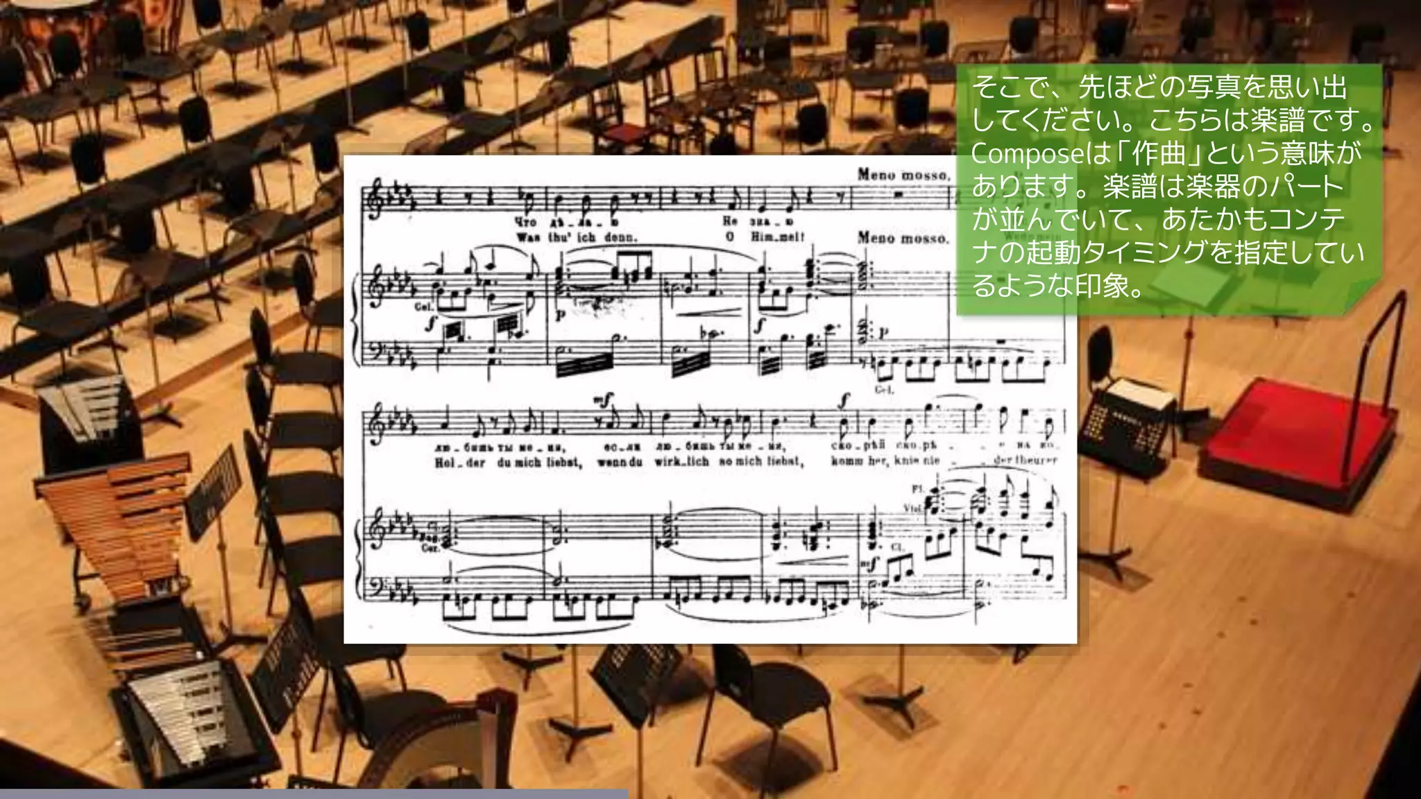そこで、先ほどの写真を思い出
してください。こちらは楽譜です。
Composeは「作曲」という意味が
あります。楽譜は楽器のパート
が並んでいて、あたかもコンテ
ナの起動タイミングを指定してい
るような印象。
 