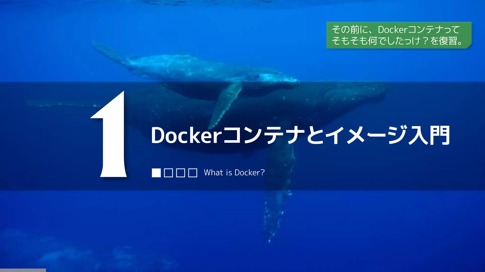 Dockerコンテナとイメージ入門
1■□□□ What is Docker?
その前に、Dockerコンテナって
そもそも何でしたっけ？を復習。
 