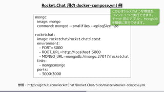 mongo:
image: mongo
command: mongod --smallfiles --oplogSize 128
rocketchat:
image: rocketchat/rocket.chat:latest
environment:
- PORT=3000
- ROOT_URL=http://localhost:3000
- MONGO_URL=mongodb://mongo:27017/rocketchat
links:
- mongo:mongo
ports:
- 3000:3000
Rocket.Chat 用の docker-compose.yml 例
参照：https://github.com/RocketChat/Rocket.Chat/blob/master/docker-compose.yml
こちらはSlackのような環境を、
コマンド１つで実行できます。
チャット用のアプリと、MongoDB
を簡単に実行できます。
 