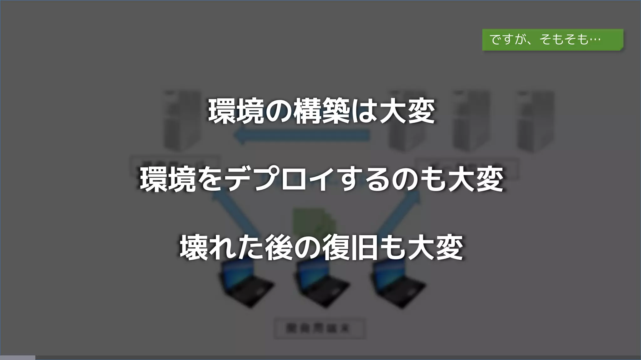 環境の構築は大変
環境をデプロイするのも大変
壊れた後の復旧も大変
ですが、そもそも…
 