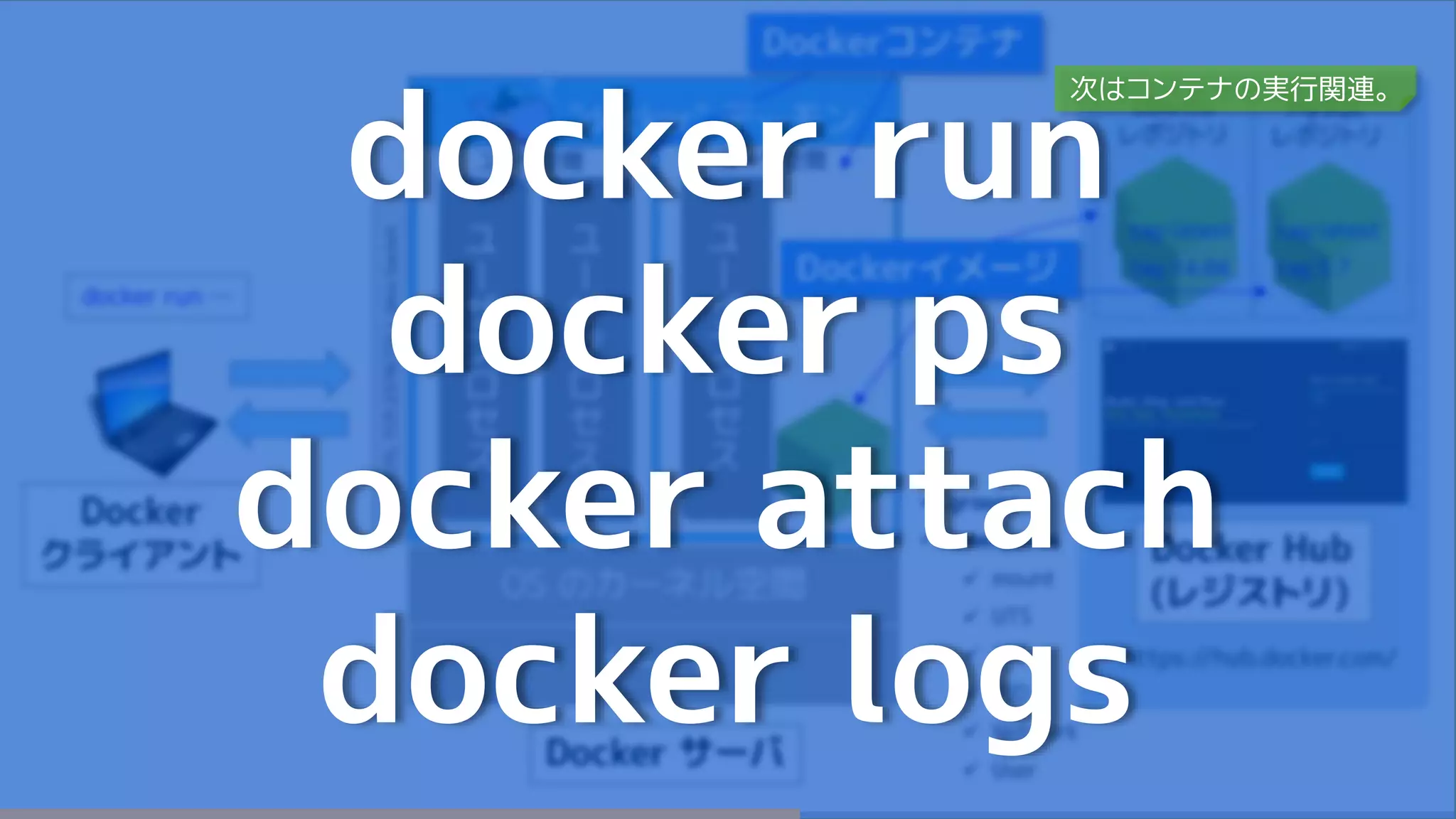 docker run
docker ps
docker attach
docker logs
次はコンテナの実行関連。
 