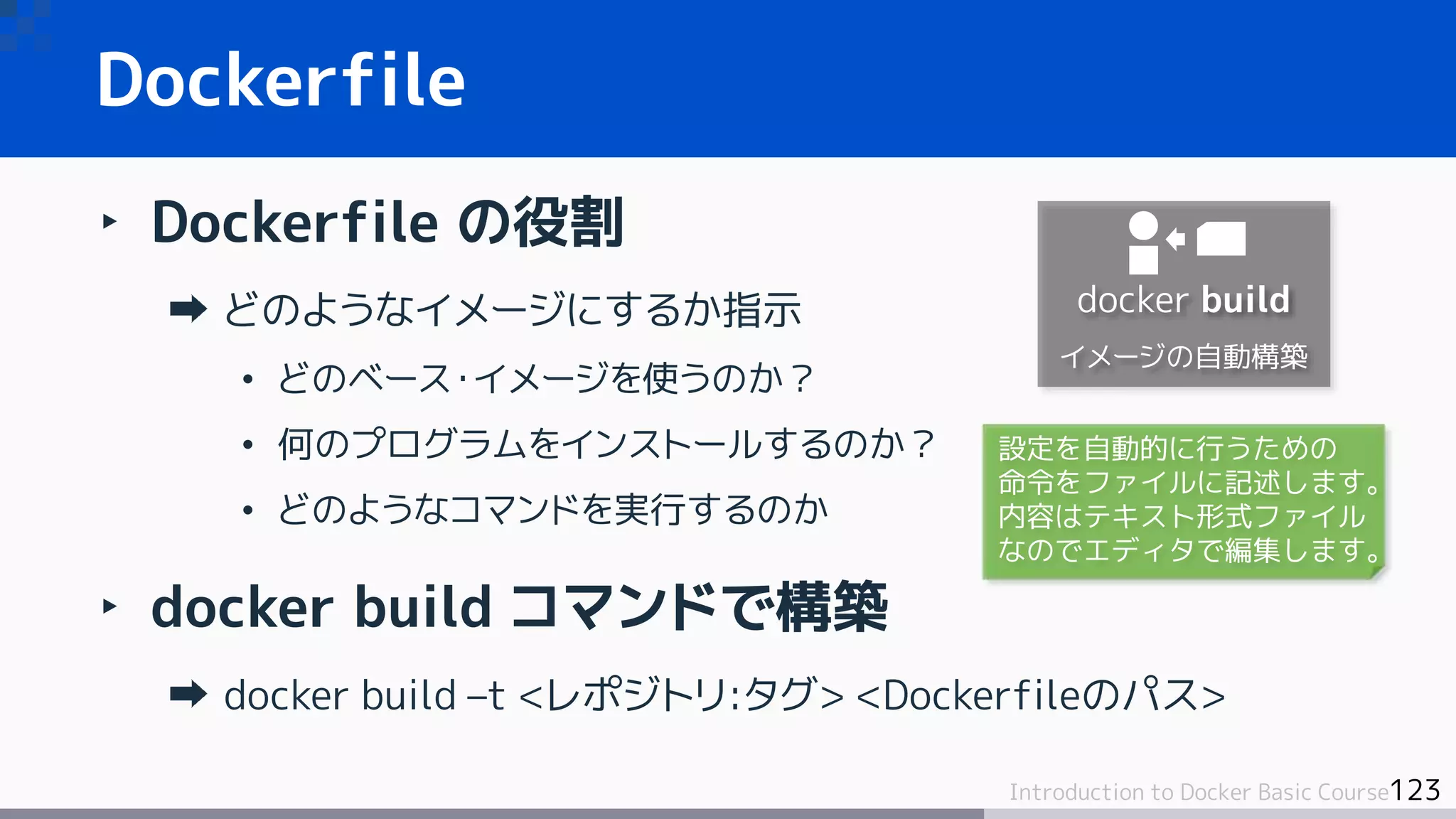 123Introduction to Docker Basic Course
‣ Dockerfile の役割
どのようなイメージにするか指示
• どのベース・イメージを使うのか？
• 何のプログラムをインストールするのか？
• どのようなコマンドを実行するのか
‣ docker build コマンドで構築
docker build –t <レポジトリ:タグ> <Dockerfileのパス>
Dockerfile
docker build
イメージの自動構築
設定を自動的に行うための
命令をファイルに記述します。
内容はテキスト形式ファイル
なのでエディタで編集します。
 