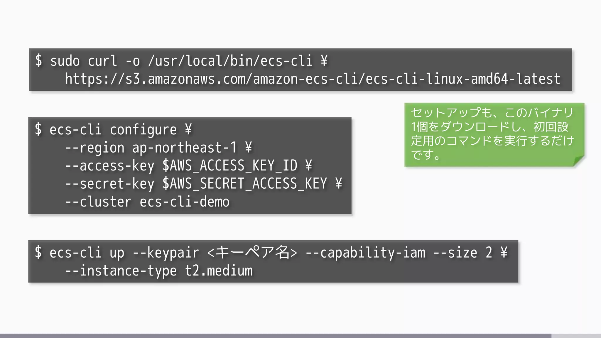 $ sudo curl -o /usr/local/bin/ecs-cli ¥
https://s3.amazonaws.com/amazon-ecs-cli/ecs-cli-linux-amd64-latest
$ ecs-cli configure ¥
--region ap-northeast-1 ¥
--access-key $AWS_ACCESS_KEY_ID ¥
--secret-key $AWS_SECRET_ACCESS_KEY ¥
--cluster ecs-cli-demo
$ ecs-cli up --keypair <キーペア名> --capability-iam --size 2 ¥
--instance-type t2.medium
セットアップも、このバイナリ
1個をダウンロードし、初回設
定用のコマンドを実行するだけ
です。
 