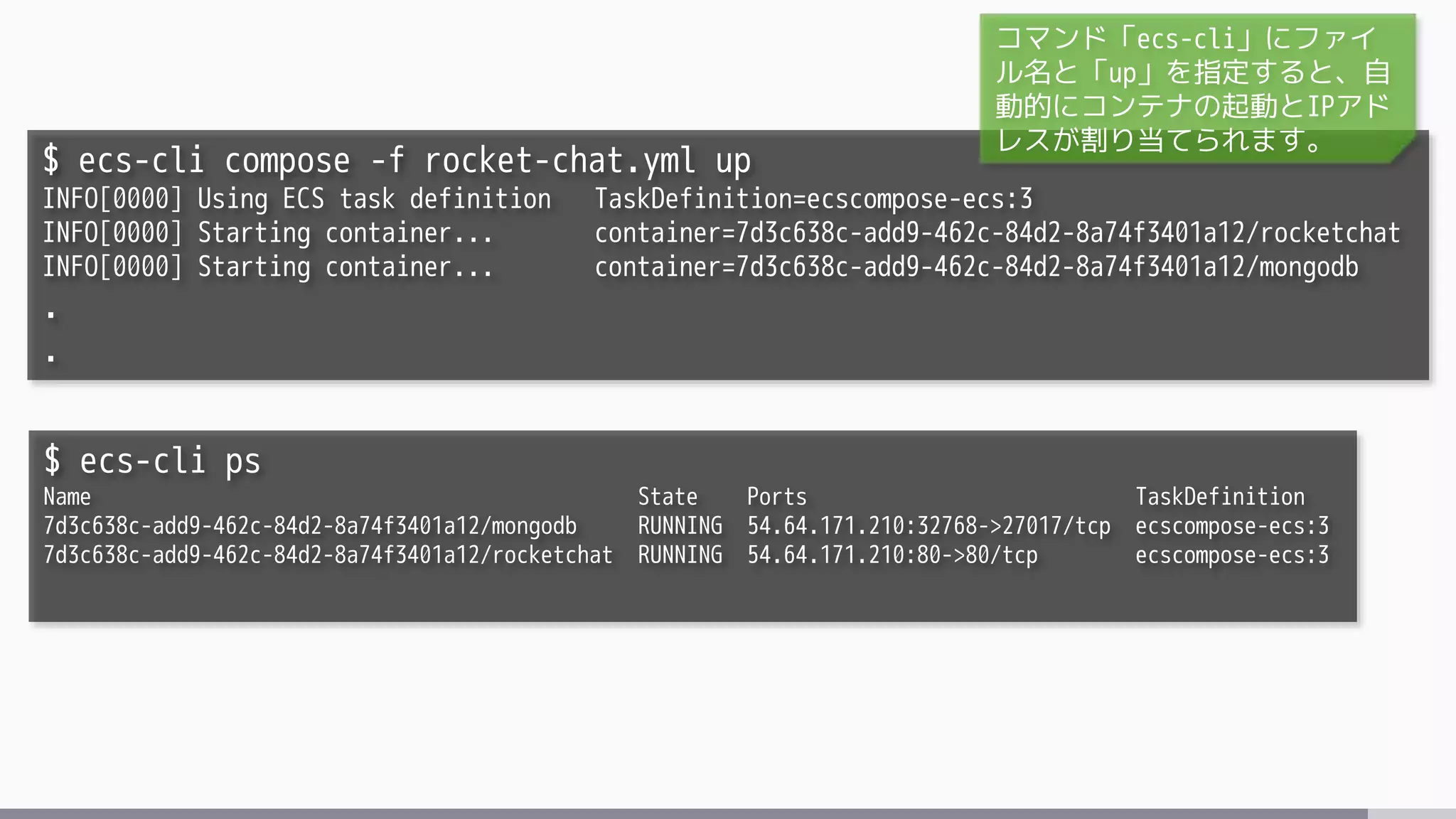$ ecs-cli compose -f rocket-chat.yml up
INFO[0000] Using ECS task definition TaskDefinition=ecscompose-ecs:3
INFO[0000] Starting container... container=7d3c638c-add9-462c-84d2-8a74f3401a12/rocketchat
INFO[0000] Starting container... container=7d3c638c-add9-462c-84d2-8a74f3401a12/mongodb
.
.
$ ecs-cli ps
Name State Ports TaskDefinition
7d3c638c-add9-462c-84d2-8a74f3401a12/mongodb RUNNING 54.64.171.210:32768->27017/tcp ecscompose-ecs:3
7d3c638c-add9-462c-84d2-8a74f3401a12/rocketchat RUNNING 54.64.171.210:80->80/tcp ecscompose-ecs:3
コマンド「ecs-cli」にファイ
ル名と「up」を指定すると、自
動的にコンテナの起動とIPアド
レスが割り当てられます。
 