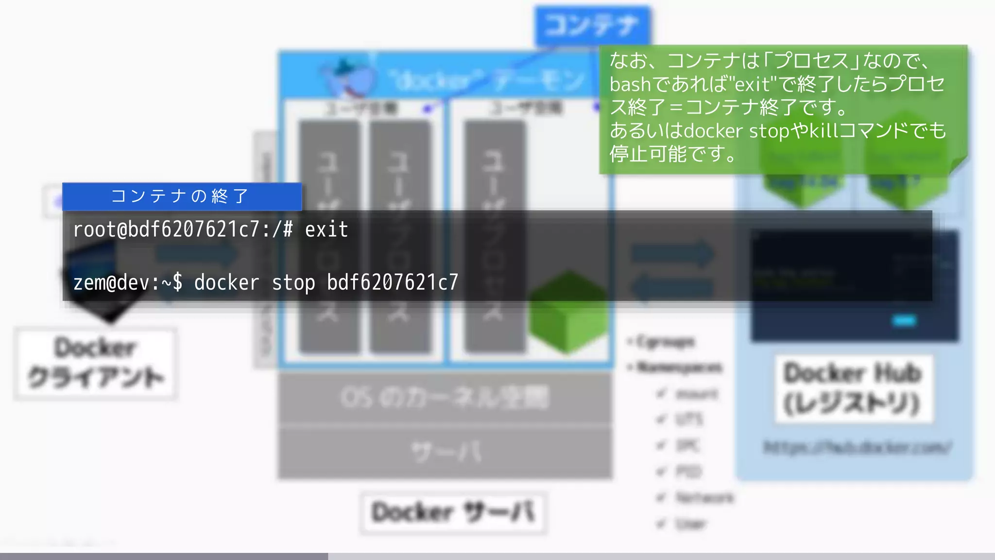 root@bdf6207621c7:/# exit
zem@dev:~$ docker stop bdf6207621c7
コ ン テ ナ の 終 了
なお、コンテナは「プロセス」なので、
bashであれば"exit"で終了したらプロセ
ス終了＝コンテナ終了です。
あるいはdocker stopやkillコマンドでも
停止可能です。
 