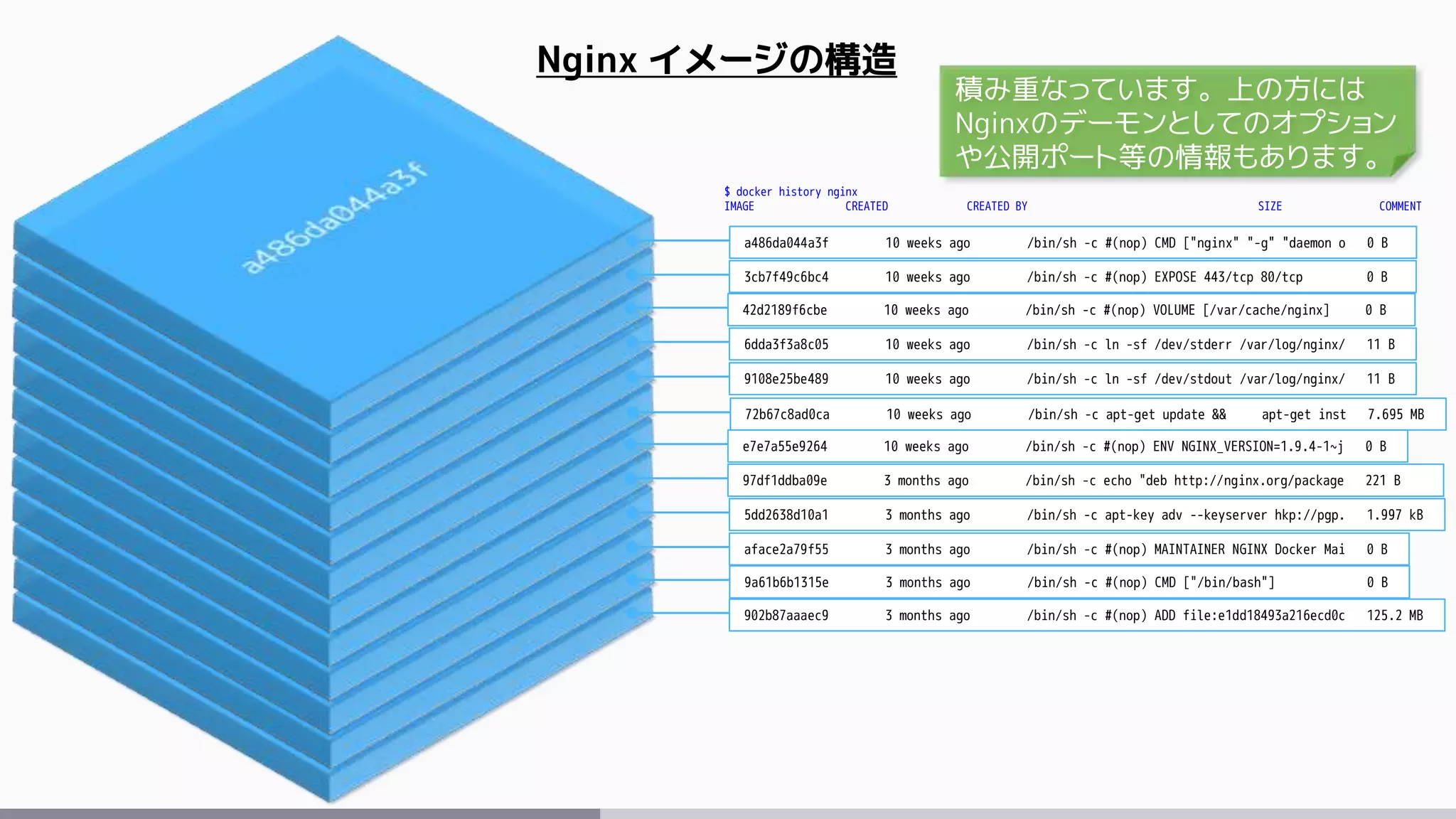 Nginx イメージの構造
902b87aaaec9 3 months ago /bin/sh -c #(nop) ADD file:e1dd18493a216ecd0c 125.2 MB
9a61b6b1315e 3 months ago /bin/sh -c #(nop) CMD ["/bin/bash"] 0 B
aface2a79f55 3 months ago /bin/sh -c #(nop) MAINTAINER NGINX Docker Mai 0 B
5dd2638d10a1 3 months ago /bin/sh -c apt-key adv --keyserver hkp://pgp. 1.997 kB
97df1ddba09e 3 months ago /bin/sh -c echo "deb http://nginx.org/package 221 B
e7e7a55e9264 10 weeks ago /bin/sh -c #(nop) ENV NGINX_VERSION=1.9.4-1~j 0 B
72b67c8ad0ca 10 weeks ago /bin/sh -c apt-get update && apt-get inst 7.695 MB
9108e25be489 10 weeks ago /bin/sh -c ln -sf /dev/stdout /var/log/nginx/ 11 B
6dda3f3a8c05 10 weeks ago /bin/sh -c ln -sf /dev/stderr /var/log/nginx/ 11 B
42d2189f6cbe 10 weeks ago /bin/sh -c #(nop) VOLUME [/var/cache/nginx] 0 B
3cb7f49c6bc4 10 weeks ago /bin/sh -c #(nop) EXPOSE 443/tcp 80/tcp 0 B
a486da044a3f 10 weeks ago /bin/sh -c #(nop) CMD ["nginx" "-g" "daemon o 0 B
$ docker history nginx
IMAGE CREATED CREATED BY SIZE COMMENT
積み重なっています。上の方には
Nginxのデーモンとしてのオプション
や公開ポート等の情報もあります。
 