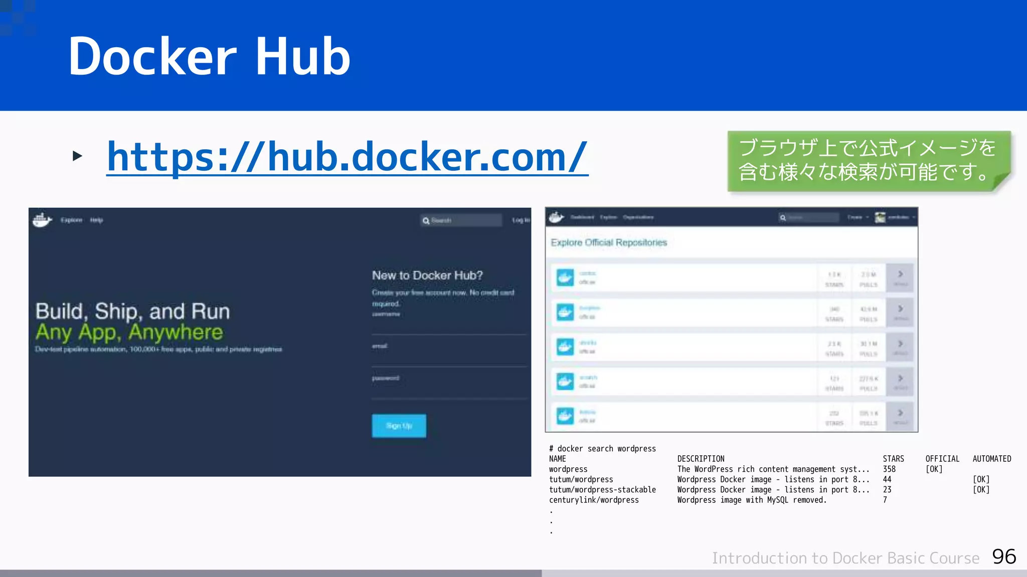 96Introduction to Docker Basic Course
‣ https://hub.docker.com/
Docker Hub
# docker search wordpress
NAME DESCRIPTION STARS OFFICIAL AUTOMATED
wordpress The WordPress rich content management syst... 358 [OK]
tutum/wordpress Wordpress Docker image - listens in port 8... 44 [OK]
tutum/wordpress-stackable Wordpress Docker image - listens in port 8... 23 [OK]
centurylink/wordpress Wordpress image with MySQL removed. 7
.
.
.
ブラウザ上で公式イメージを
含む様々な検索が可能です。
 