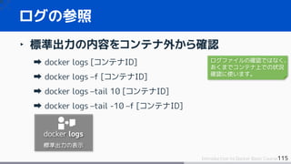 115Introduction to Docker Basic Course
‣ 標準出力の内容をコンテナ外から確認
docker logs [コンテナID]
docker logs –f [コンテナID]
docker logs –tail 10 [コンテナID]
docker logs –tail -10 –f [コンテナID]
ログの参照
docker logs
標準出力の表示
ログファイルの確認ではなく、
あくまでコンテナ上での状況
確認に使います。
 