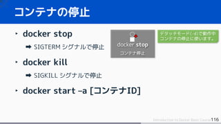 116Introduction to Docker Basic Course
‣ docker stop
SIGTERM シグナルで停止
‣ docker kill
SIGKILL シグナルで停止
‣ docker start –a [コンテナID]
コンテナの停止
docker stop
コンテナ停止
デタッチモード(-d)で動作中
コンテナの停止に使います。
 