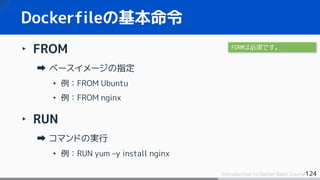 124Introduction to Docker Basic Course
‣ FROM
ベースイメージの指定
• 例：FROM Ubuntu
• 例：FROM nginx
‣ RUN
コマンドの実行
• 例：RUN yum –y install nginx
Dockerfileの基本命令
FORMは必須です。
 