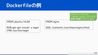 126Introduction to Docker Basic Course
Dockerfileの例
FROM ubuntu:14.04
RUN apt-get install -y wget
CMD /usr/bin/wget
FROM nginx
ADD ./contents /usr/share/nginx/html
どれもシンプルです。
「docker build」コマンドで
環境を構築(ビルド)します。
 