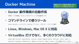 135Introduction to Docker Basic Course
‣ Docker 動作環境の自動作成
仮想サーバの起動と Docker のプロビジョニングを自動的に行う
‣ コマンドラインで使うツール
docker-machine –d <ドライバ> [option] マシン名 …のように、コマンドで操作
‣ Linux, Windows, Mac OS X に対応
‣ VirtualBox だけでなく、多くのクラウドに対応
Amazon Web Services, DigitalOcean, exoscale, Google Compute Engine, SoftLayer, Azure, Hyper-V,
OpenStack, RackSpace, VMwareFusion, VMwarea vCloud Air, VMware vSphere, SSH 可能なリモートホスト
Docker Machine 複数のDocker環境を簡単に使う
ためのツールがMachineです。
 