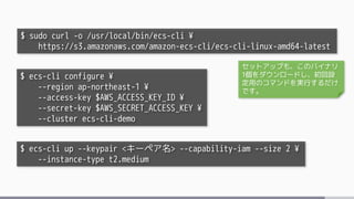 $ sudo curl -o /usr/local/bin/ecs-cli ¥
https://s3.amazonaws.com/amazon-ecs-cli/ecs-cli-linux-amd64-latest
$ ecs-cli configure ¥
--region ap-northeast-1 ¥
--access-key $AWS_ACCESS_KEY_ID ¥
--secret-key $AWS_SECRET_ACCESS_KEY ¥
--cluster ecs-cli-demo
$ ecs-cli up --keypair <キーペア名> --capability-iam --size 2 ¥
--instance-type t2.medium
セットアップも、このバイナリ
1個をダウンロードし、初回設
定用のコマンドを実行するだけ
です。
 