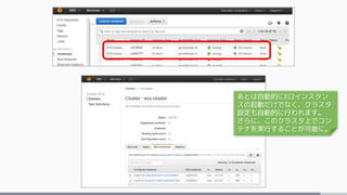 あとは自動的にEC2インスタン
スの起動だけでなく、クラスタ
設定も自動的に行われます。
さらに、このクラスタ上でコン
テナを実行することが可能に。
 