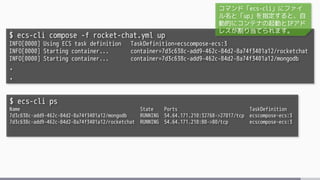 $ ecs-cli compose -f rocket-chat.yml up
INFO[0000] Using ECS task definition TaskDefinition=ecscompose-ecs:3
INFO[0000] Starting container... container=7d3c638c-add9-462c-84d2-8a74f3401a12/rocketchat
INFO[0000] Starting container... container=7d3c638c-add9-462c-84d2-8a74f3401a12/mongodb
.
.
$ ecs-cli ps
Name State Ports TaskDefinition
7d3c638c-add9-462c-84d2-8a74f3401a12/mongodb RUNNING 54.64.171.210:32768->27017/tcp ecscompose-ecs:3
7d3c638c-add9-462c-84d2-8a74f3401a12/rocketchat RUNNING 54.64.171.210:80->80/tcp ecscompose-ecs:3
コマンド「ecs-cli」にファイ
ル名と「up」を指定すると、自
動的にコンテナの起動とIPアド
レスが割り当てられます。
 