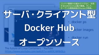サーバ・クライアント型
Docker Hub
オープンソース
コンテナ管理の仕組みだけでなく、共有
するためのGitHub風の環境。そして、
オープンな開発体制がDockerの特長。
 