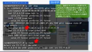 root@bdf6207621c7:/# ip addr show
1: lo: <LOOPBACK,UP,LOWER_UP> mtu 65536 qdisc noqueue state UNKNOWN group default
link/loopback 00:00:00:00:00:00 brd 00:00:00:00:00:00
inet 127.0.0.1/8 scope host lo
valid_lft forever preferred_lft forever
inet6 ::1/128 scope host
valid_lft forever preferred_lft forever
361: eth0: <BROADCAST,MULTICAST,UP,LOWER_UP> mtu 1500 qdisc noqueue state UP
group default
link/ether 02:42:ac:11:00:25 brd ff:ff:ff:ff:ff:ff
inet 172.17.0.37/16 scope global eth0
valid_lft forever preferred_lft forever
inet6 fe80::42:acff:fe11:25/64 scope link
valid_lft forever preferred_lft forever
root@bdf6207621c7:/# ip route
default via 172.17.42.1 dev eth0
172.17.0.0/16 dev eth0 proto kernel scope link src 172.17.0.37
コ ン テ ナ 内 の ネ ッ ト ワ ー ク
さらに、独自でネットワークを持ちます。
これはホスト側(eth0等)とは異なったイ
ンターフェースを持ちます。正確には
dokcer0というブリッジを通しています。
またルーティングにはiptablesも自動的
に使用しています。
 