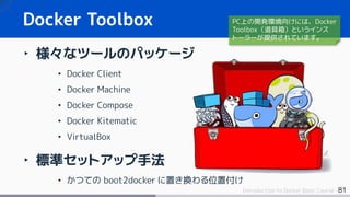 81Introduction to Docker Basic Course
‣ 様々なツールのパッケージ
• Docker Client
• Docker Machine
• Docker Compose
• Docker Kitematic
• VirtualBox
‣ 標準セットアップ手法
• かつての boot2docker に置き換わる位置付け
Docker Toolbox PC上の開発環境向けには、Docker
Toolbox（道具箱）というインス
トーラーが提供されています。
 