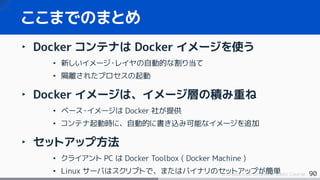 90Introduction to Docker Basic Course
ここまでのまとめ
‣ Docker コンテナは Docker イメージを使う
• 新しいイメージ・レイヤの自動的な割り当て
• 隔離されたプロセスの起動
‣ Docker イメージは、イメージ層の積み重ね
• ベース・イメージは Docker 社が提供
• コンテナ起動時に、自動的に書き込み可能なイメージを追加
‣ セットアップ方法
• クライアント PC は Docker Toolbox ( Docker Machine )
• Linux サーバはスクリプトで、またはバイナリのセットアップが簡単
 