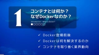 コンテナとは何か？
なぜDockerなのか？
1 ■□□□□□
Introduction – What is Docker?
 Docker登場前後
 Dockerは何を解決するのか
 コンテナを取り巻く業界動向
 