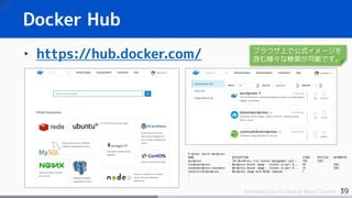 39Introduction to Docker Basic Course
‣ https://hub.docker.com/
Docker Hub
# docker search wordpress
NAME DESCRIPTION STAR...