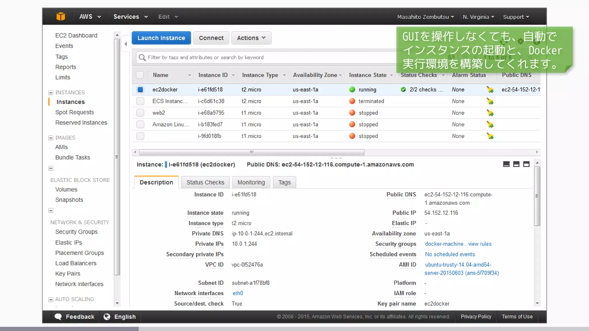 GUIを操作しなくても、自動で
インスタンスの起動と、Docker
実行環境を構築してくれます。
 